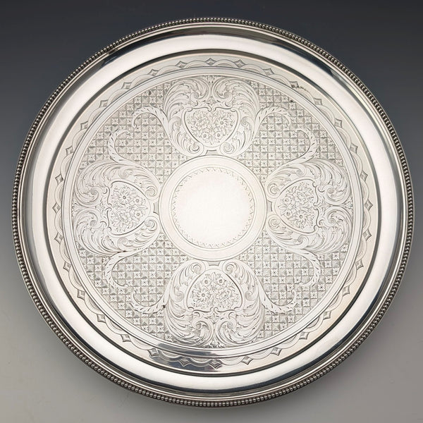1890s Antique British Sterling Silver Footed Salver/Card Tray, 26cm Diameter, 517g, Elkington