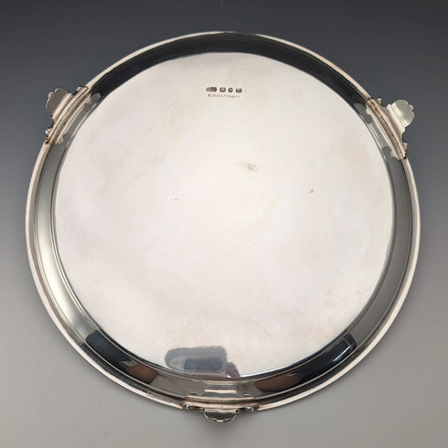 1890s Antique British Sterling Silver Footed Salver/Card Tray, 26cm Diameter, 517g, Elkington