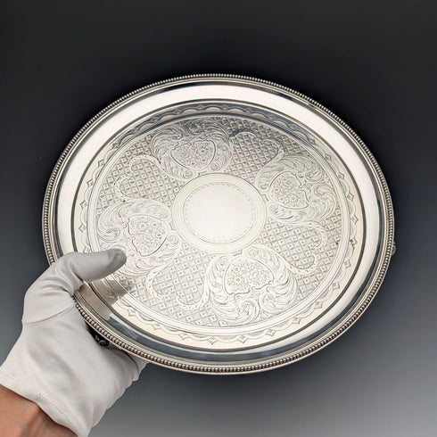 1890s Antique British Sterling Silver Footed Salver/Card Tray, 26cm Diameter, 517g, Elkington