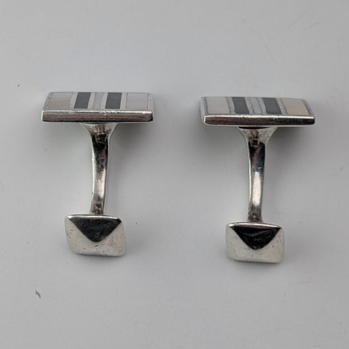 ヴィンテージ 純銀製 白蝶貝&オニキス ストライプデザイン カフリンクス カフスボタン