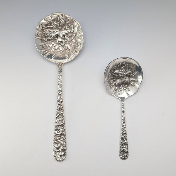Pair of antique American sterling silver berry spoons, large and small, total weight 111g, S. Kirk & Son.