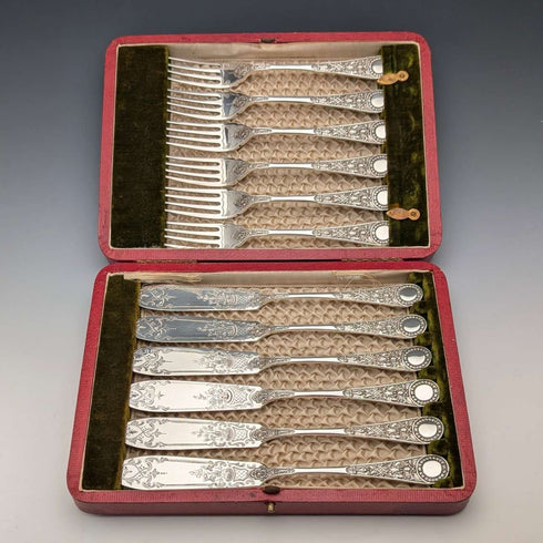 1905年頃 英国アンティーク シルバープレート製フィッシュカトラリー6ペア James Dixon&Sons 木箱入り