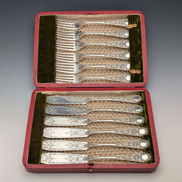 1905年頃 英国アンティーク シルバープレート製フィッシュカトラリー6ペア James Dixon&Sons 木箱入り