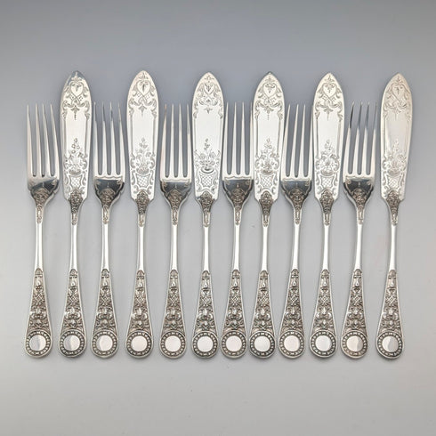 Antique English Silver Plate Fish Cutlery, 6 pairs, circa 1905, James Dixon & Sons, in a wooden box.