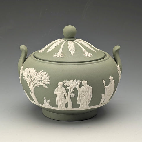 英国ヴィンテージ ウェッジウッド グリーンジャスパーウェア製 蓋付きシュガーボウル