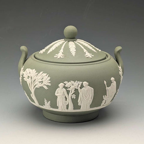 Vintage British Wedgwood Green Jasperware Sugar Bowl with Lid
