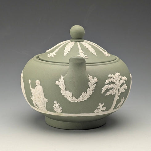 英国ヴィンテージ ウェッジウッド グリーンジャスパーウェア製 蓋付きシュガーボウル