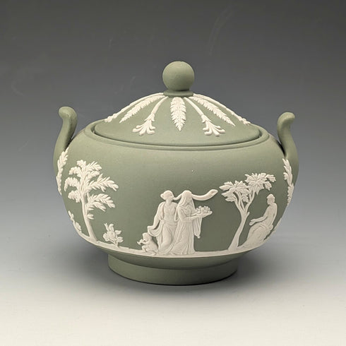 英国ヴィンテージ ウェッジウッド グリーンジャスパーウェア製 蓋付きシュガーボウル