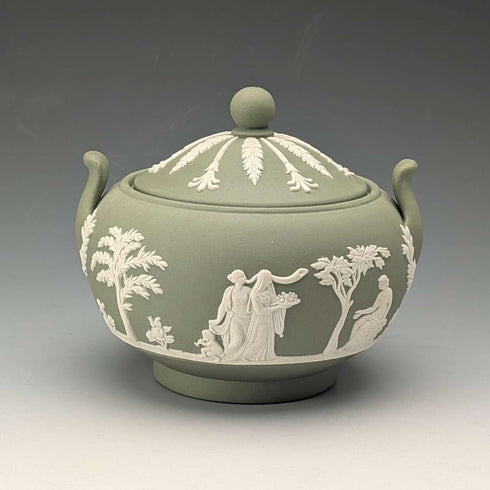 Vintage British Wedgwood Green Jasperware Sugar Bowl with Lid