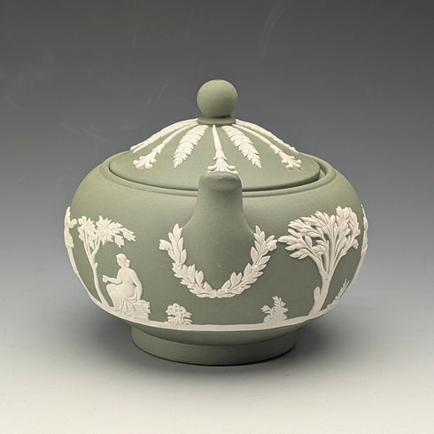 英国ヴィンテージ ウェッジウッド グリーンジャスパーウェア製 蓋付きシュガーボウル