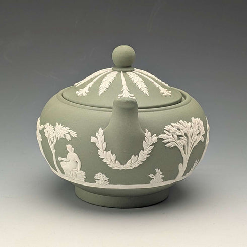 Vintage British Wedgwood Green Jasperware Sugar Bowl with Lid