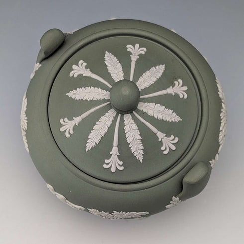 Vintage British Wedgwood Green Jasperware Sugar Bowl with Lid