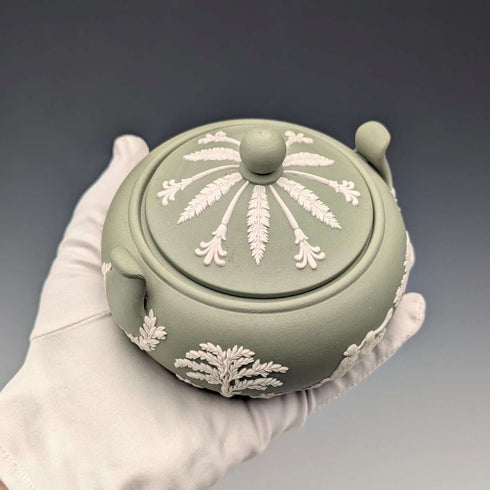 Vintage British Wedgwood Green Jasperware Sugar Bowl with Lid