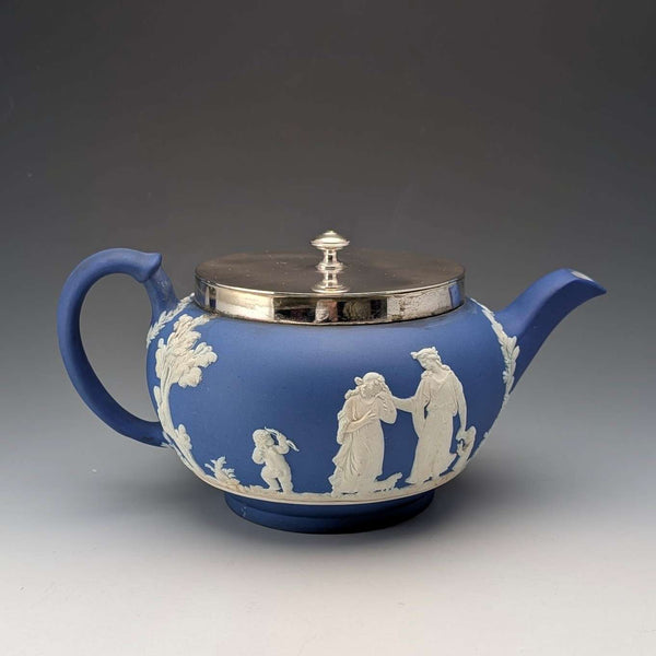 英國古董 Wedgwood 茶壺 Jasperware 皇家藍 金屬蓋