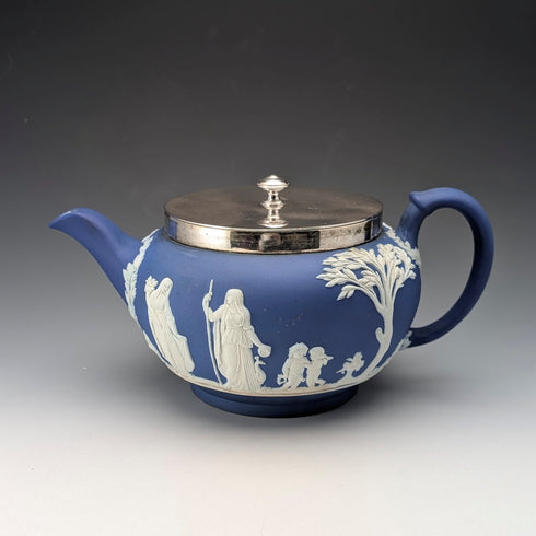Antique British Wedgwood Teapot, Jasperware, Royal Blue, Metal Lid