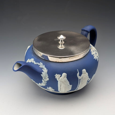 Antique British Wedgwood Teapot, Jasperware, Royal Blue, Metal Lid
