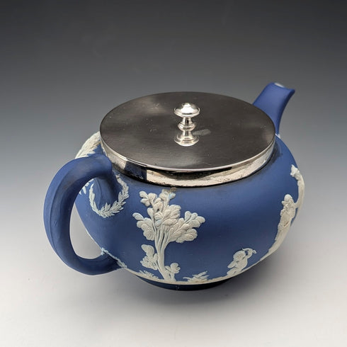 Antique British Wedgwood Teapot, Jasperware, Royal Blue, Metal Lid
