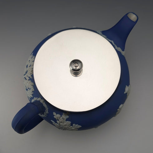 Antique British Wedgwood Teapot, Jasperware, Royal Blue, Metal Lid
