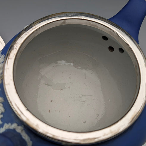 Antique British Wedgwood Teapot, Jasperware, Royal Blue, Metal Lid