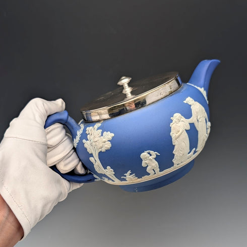 Antique British Wedgwood Teapot, Jasperware, Royal Blue, Metal Lid