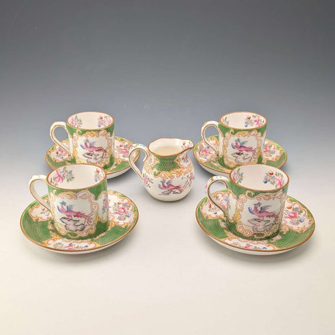Early 20th Century Minton (England) Cockatoo Green Demitasse Cups & Saucers, 4-piece Set & Cream Jug