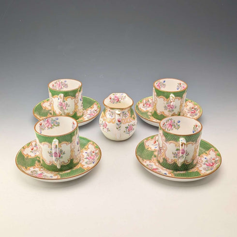 Early 20th Century Minton (England) Cockatoo Green Demitasse Cups & Saucers, 4-piece Set & Cream Jug