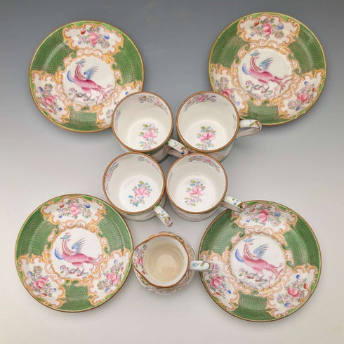 Early 20th Century Minton (England) Cockatoo Green Demitasse Cups & Saucers, 4-piece Set & Cream Jug