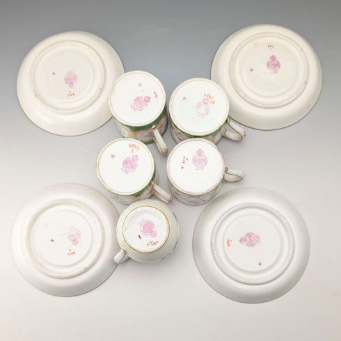 Early 20th Century Minton (England) Cockatoo Green Demitasse Cups & Saucers, 4-piece Set & Cream Jug