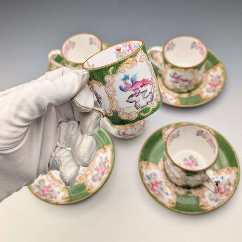 Early 20th Century Minton (England) Cockatoo Green Demitasse Cups & Saucers, 4-piece Set & Cream Jug