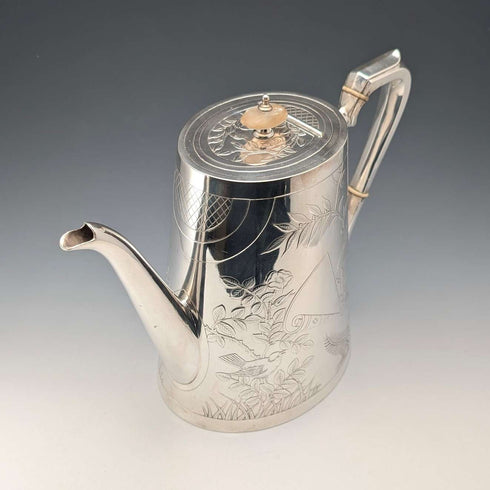 19世紀後半 英国アンティーク シルバープレート製 ジャポニズム装飾 コーヒーポット Johnson&Co