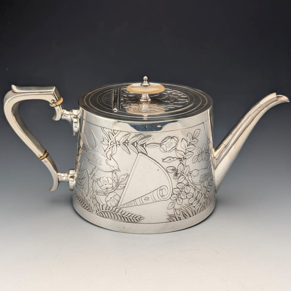 【預留中】19世紀後半 英國古董 銀器製作 日本風裝飾 茶壺 Johnson&Co