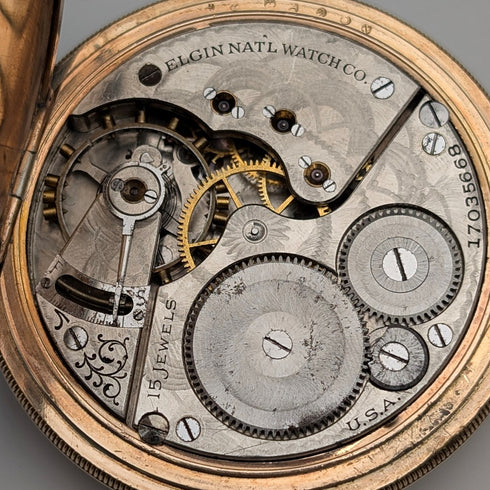 1913 US Antique Elgin Pocket Watch Gold Plated Hunter Case Works Well