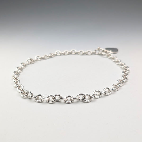 British Vintage Sterling Silver Donut Chain Necklace with Heart Charm, 45cm, 60g