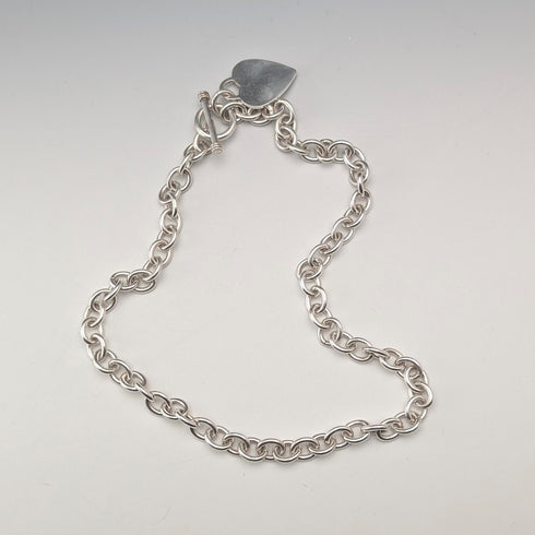 British Vintage Sterling Silver Donut Chain Necklace with Heart Charm, 45cm, 60g