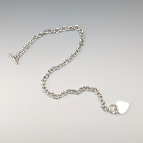 British Vintage Sterling Silver Donut Chain Necklace with Heart Charm, 45cm, 60g