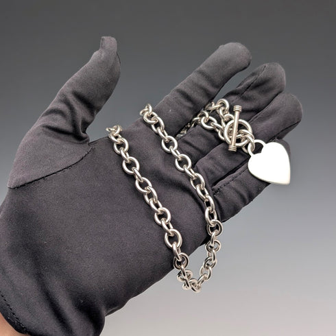 British Vintage Sterling Silver Donut Chain Necklace with Heart Charm, 45cm, 60g