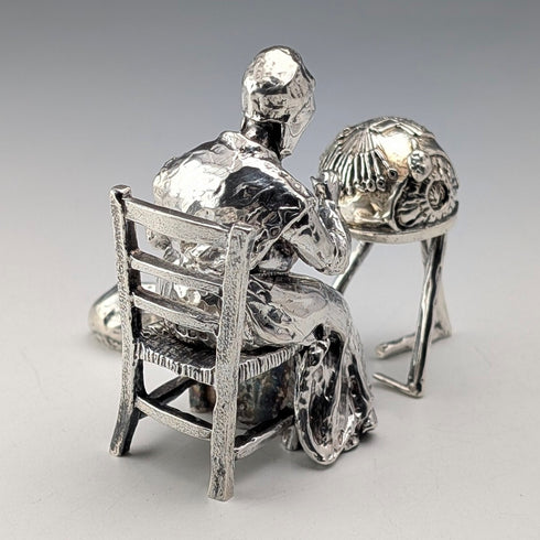 British Vintage Sterling Silver Miniature Figurines: Old Woman Knitting Lace and Cat, Total 132g, RKH