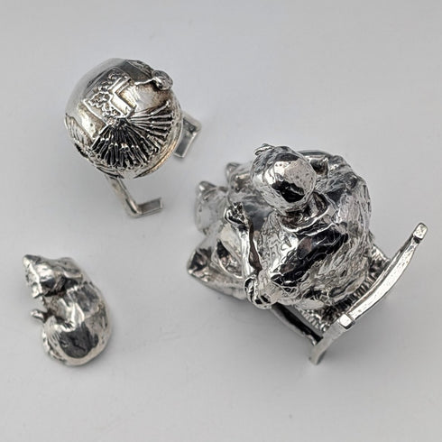 British Vintage Sterling Silver Miniature Figurines: Old Woman Knitting Lace and Cat, Total 132g, RKH