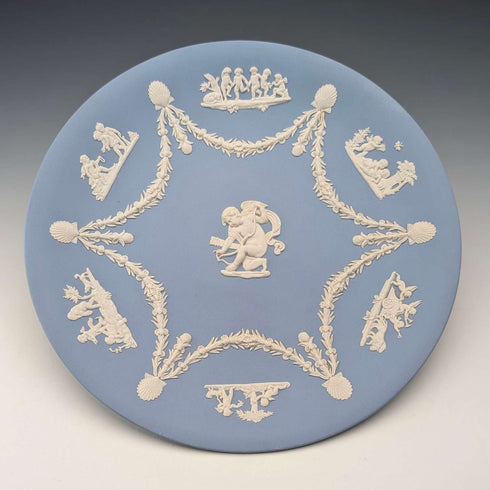 Pair of vintage Wedgwood Jasperware plates, Angel design, 22cm diameter, pale blue ②