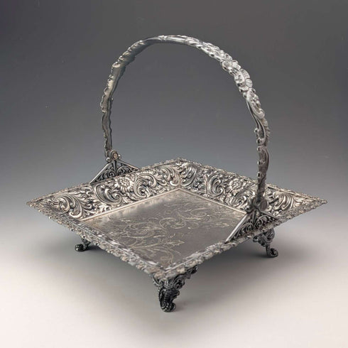 Antique American Britannia Metal Basket with Movable Handle and Legs, MERIDEN BRITANNIA