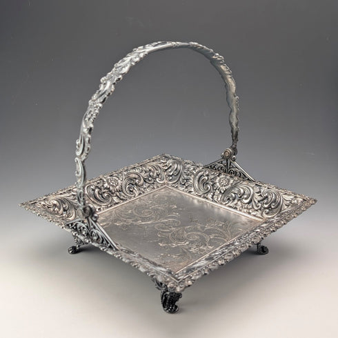 米国アンティーク ブリタニアメタル製 可動ハンドル 脚付きバスケット MERIDEN BRITANNIA