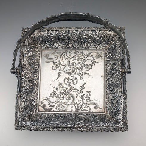 米国アンティーク ブリタニアメタル製 可動ハンドル 脚付きバスケット MERIDEN BRITANNIA