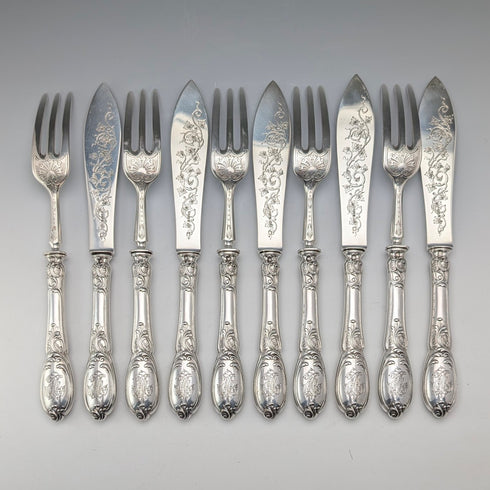 Late 19th Century French Antique Solid Sterling Silver Cutlery Set, 6 Pairs, Total 833g, Odiot
