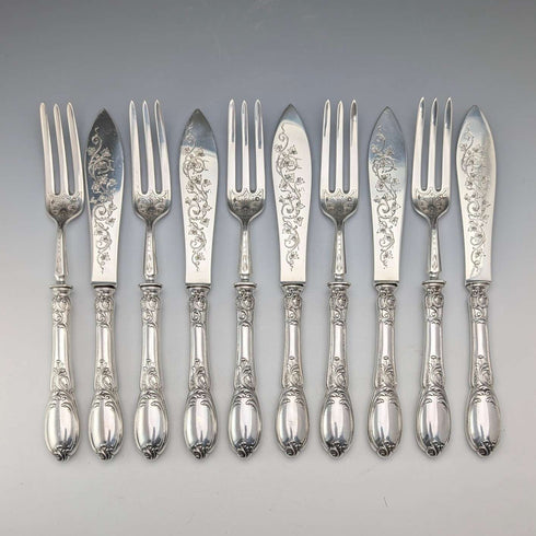Late 19th Century French Antique Solid Sterling Silver Cutlery Set, 6 Pairs, Total 833g, Odiot