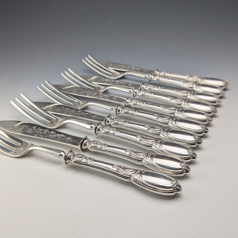 Late 19th Century French Antique Solid Sterling Silver Cutlery Set, 6 Pairs, Total 833g, Odiot