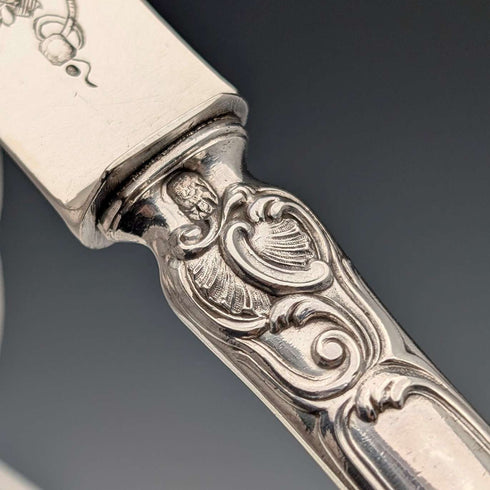 Late 19th Century French Antique Solid Sterling Silver Cutlery Set, 6 Pairs, Total 833g, Odiot