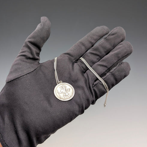 復古聖克里斯多福純銀獎章吊墜①,搭配純銀項鍊,總重7.4克