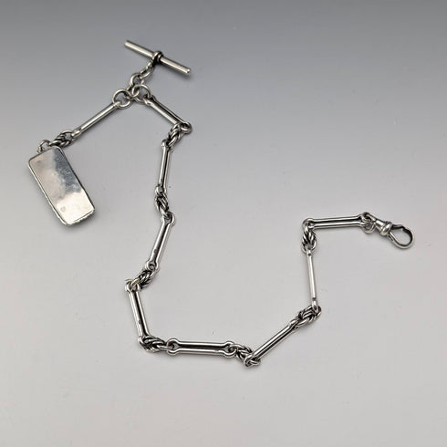 1889年 英国アンティーク ファンシーリンク 純銀製アルバートチェーン 45g モルフォ装飾フォブ