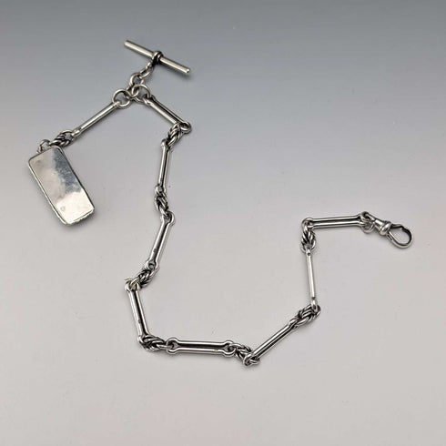 1889 British Antique Fancy Link Sterling Silver Albert Chain, 45g, Morpho Decorated Fob