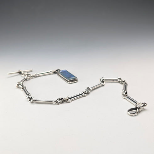 1889年 英国アンティーク ファンシーリンク 純銀製アルバートチェーン 45g モルフォ装飾フォブ